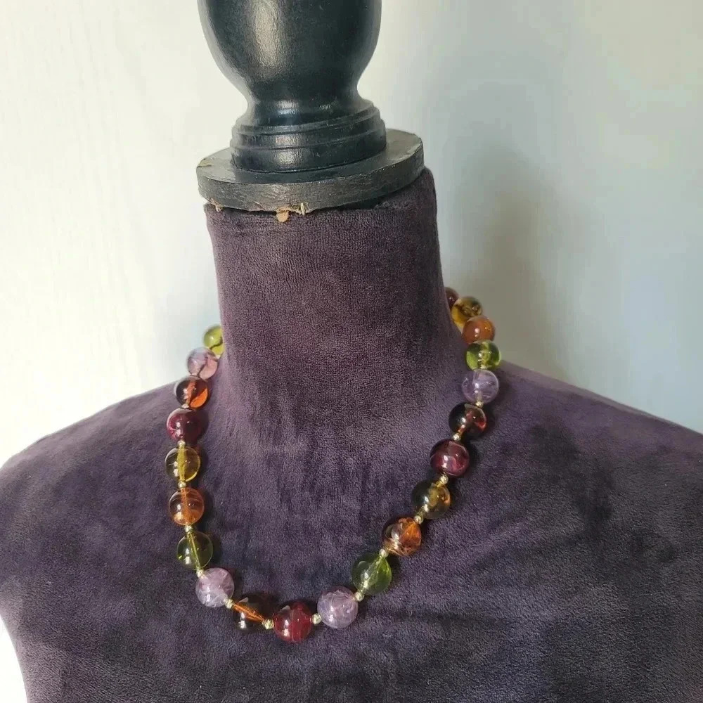 Vintage Gold Green Amber Purple Graduated Crackle Bead Necklace 18" Plastic J